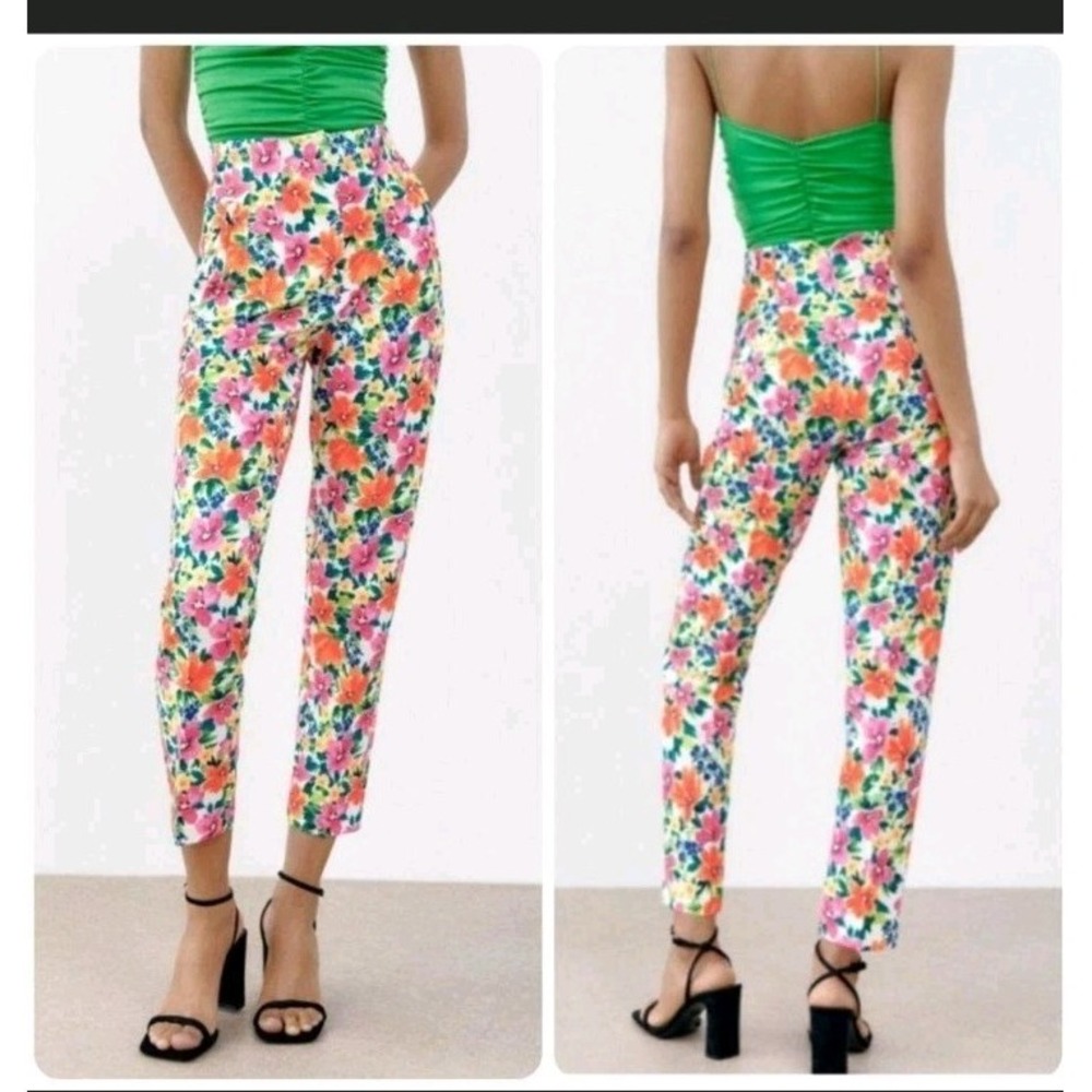 Stunning ZARA trousers‎ fitted  Women's floral straight leg Pants Pockets Size S